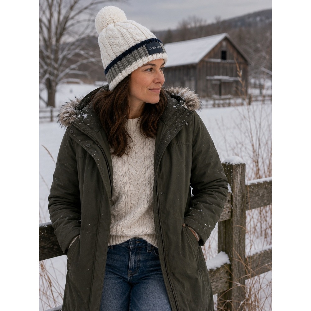 Calvin Klein Beanie Hat Womens OS Cream Cable Knit Pom Pom Striped Cuff Logo